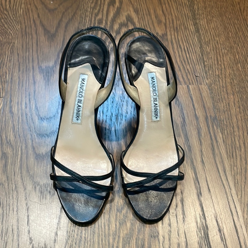 Manolo Blahnik Callasli 90mm Leather Slingback Sandals, vintage in Black, 36.5